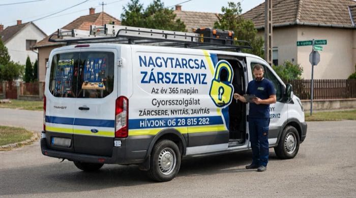 Fehér furgon Nagytarcsa Zárszerviz felirattal és a 06 28 815 282 számmal. Az oldalajtó nyitva, mellette munkaruhás férfi áll, a raktérben szerszámok.